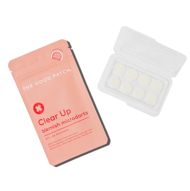 The Good Patch blemish microdarts packaging with patches on a white background