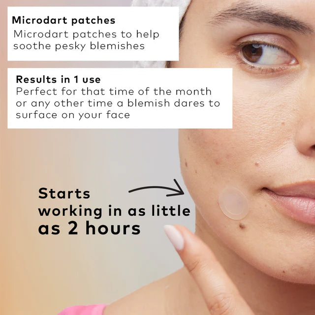 Woman applying a microdart patch on her face with text about its effectiveness.