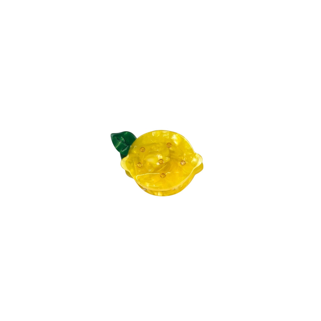 Yellow lemon-shaped object with a green stem on a white background