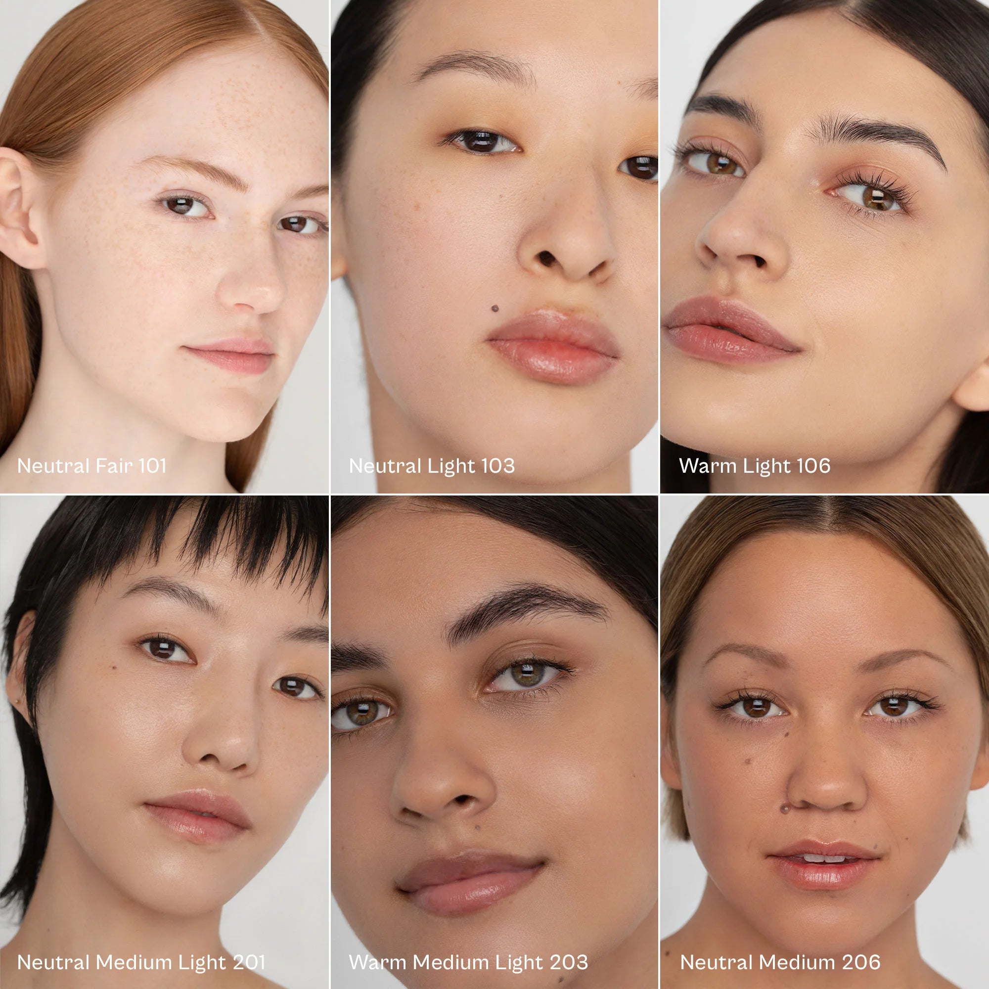 Collage of six close-up images of different skin tones with labeled lightings.