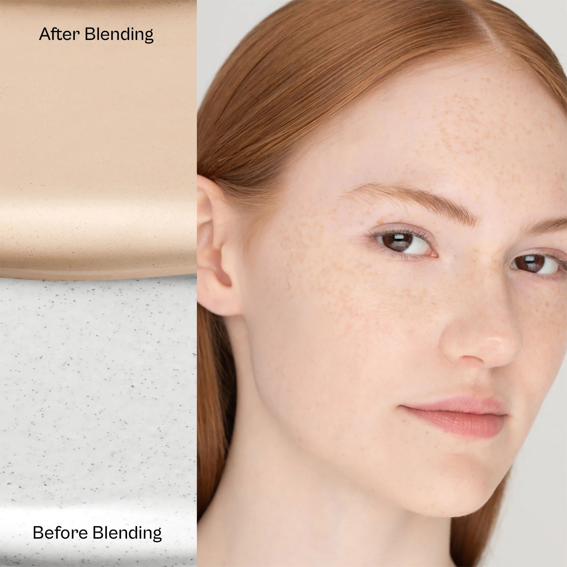 Before and after comparison of skin blending on a person's face.