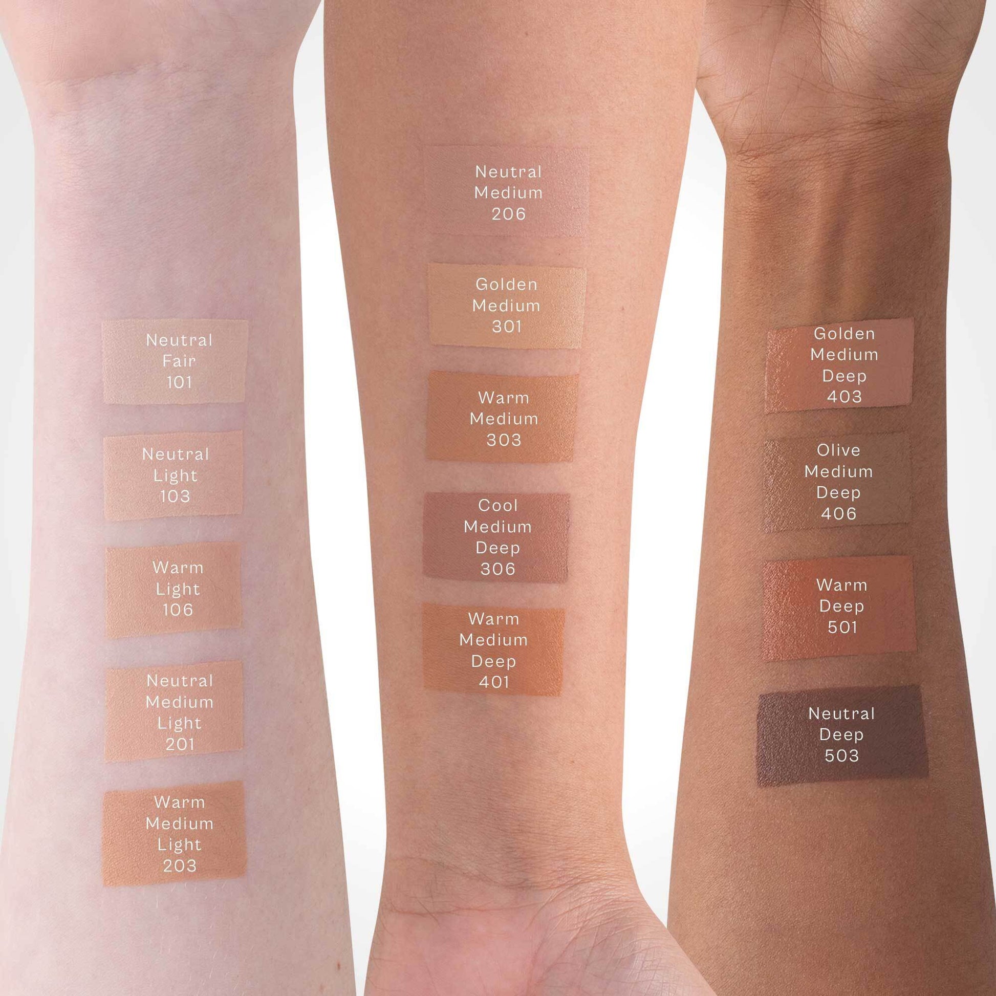 Three arms with different skin tones displaying makeup swatches labeled with color names and numbers.