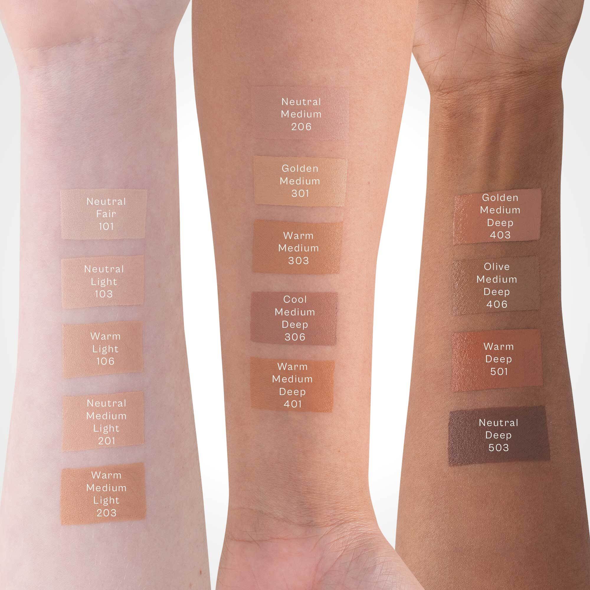 Three arms with different skin tones displaying makeup swatches labeled with color names and numbers.