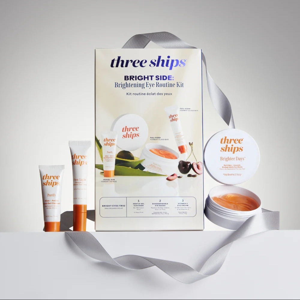 Three Ships skincare product set with packaging on a white background