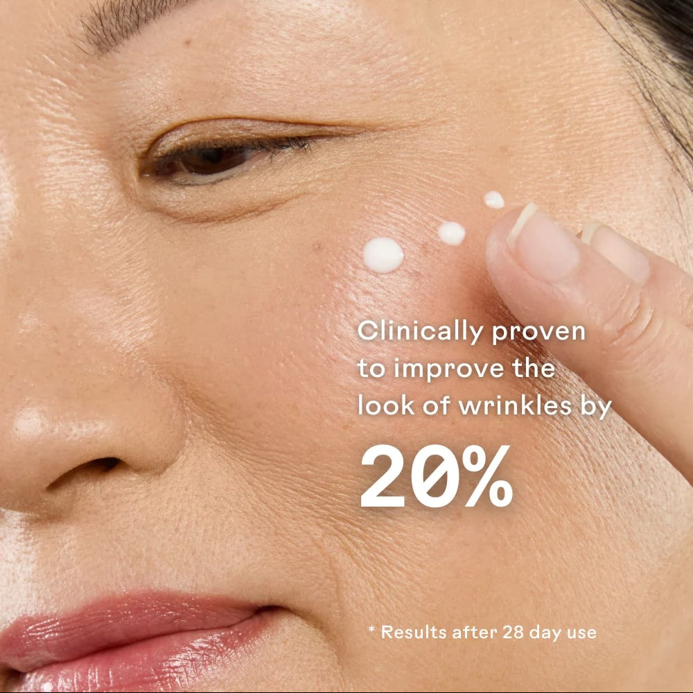 Close-up of a person applying cream to their face with text about skincare improvement.