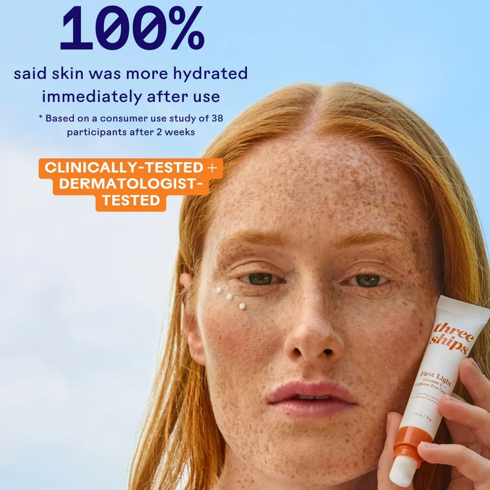 Woman holding a skincare product with text about skin hydration and testing on a blue background