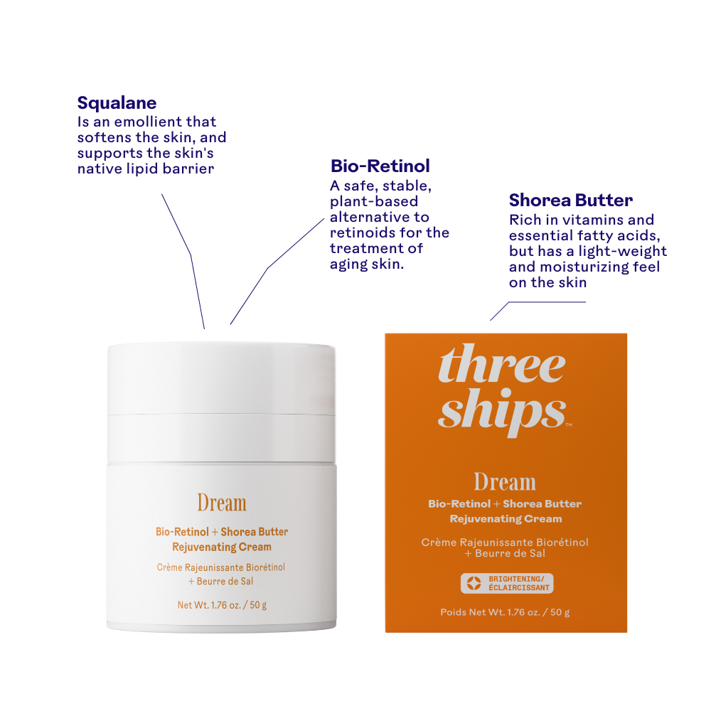 Three Ships Dream Bio-Retinol + Shorea Butter Rejuvenating Cream with product details on a white background