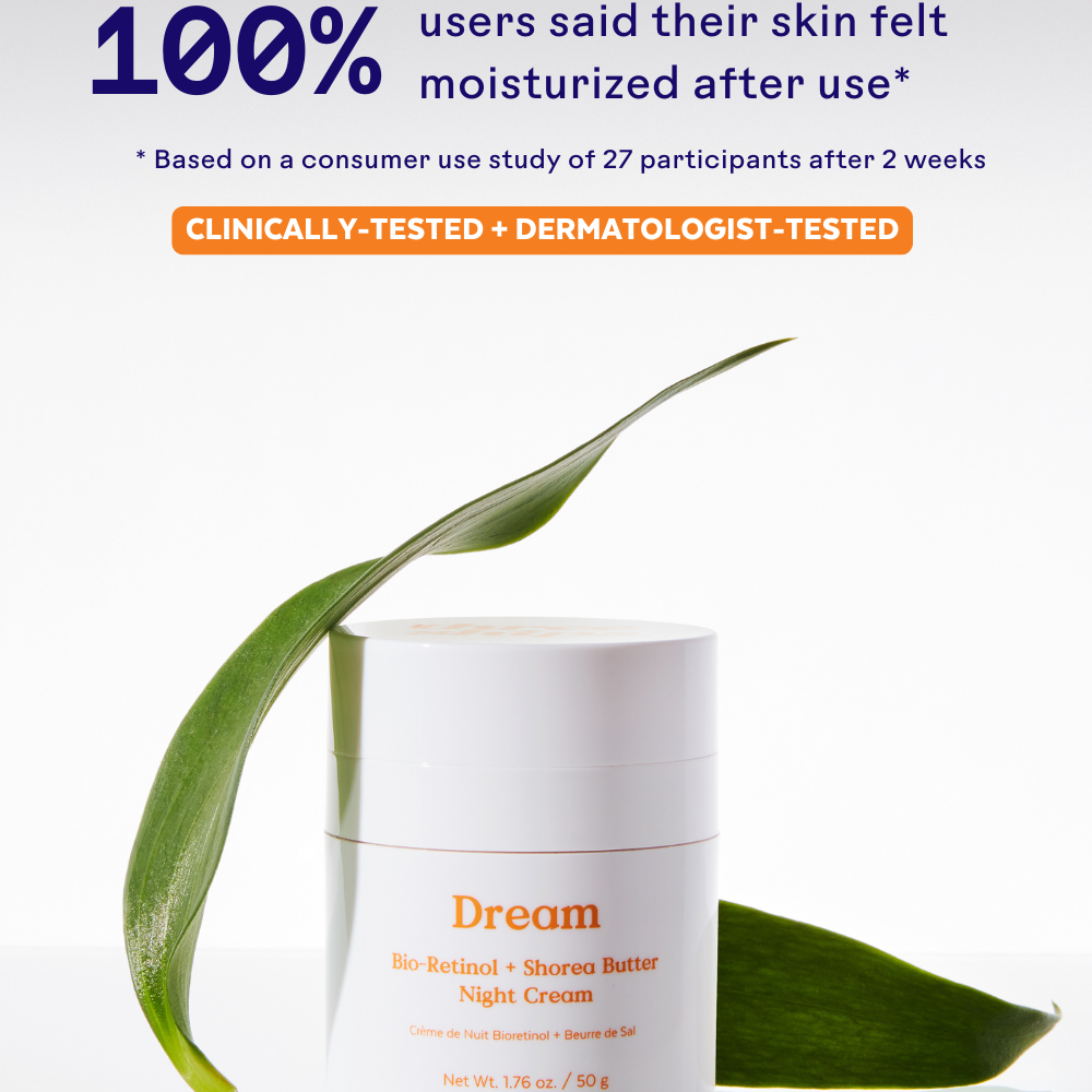 Dream skincare cream jar with leaves on a white background