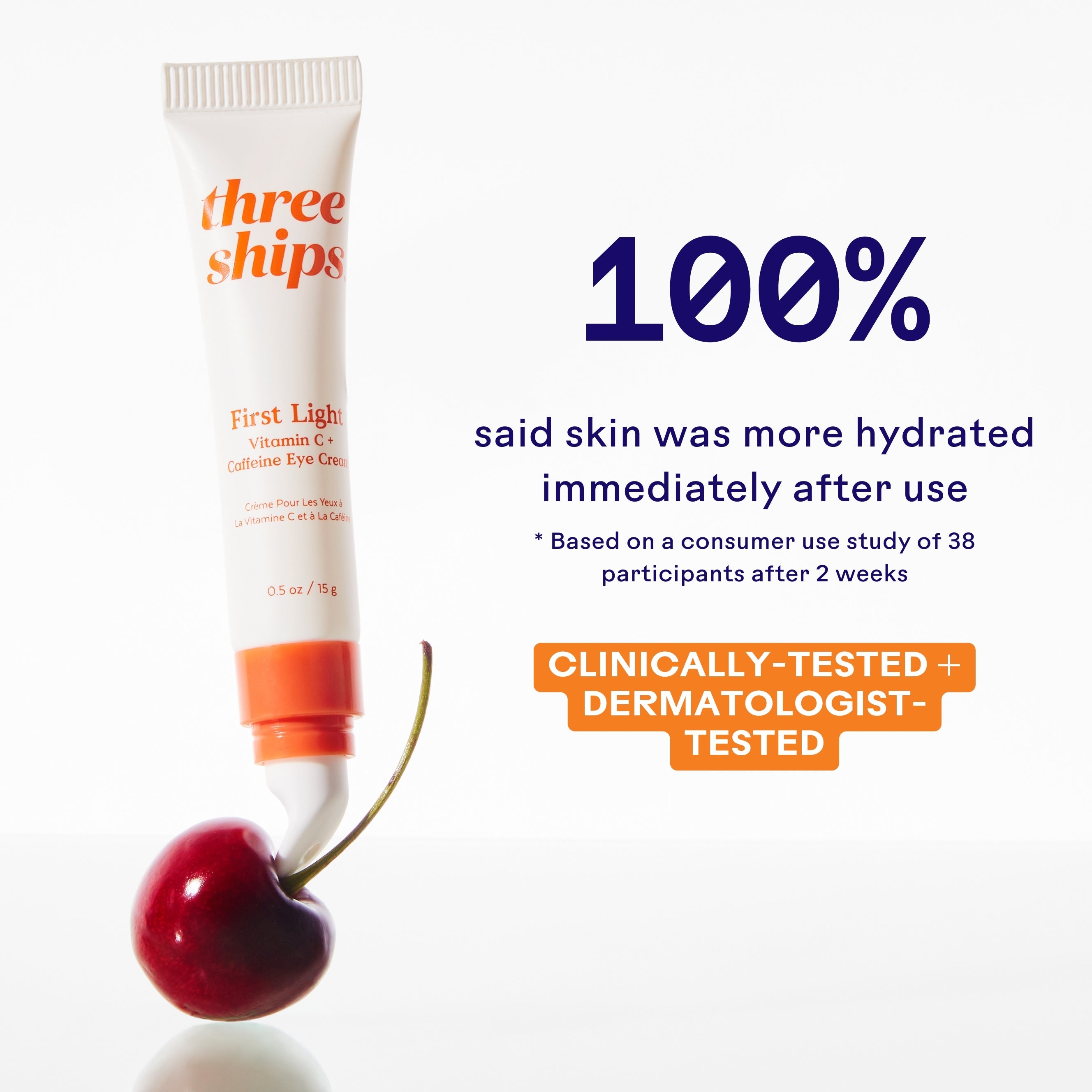 Three Ships eye cream tube with cherry and text on a white background