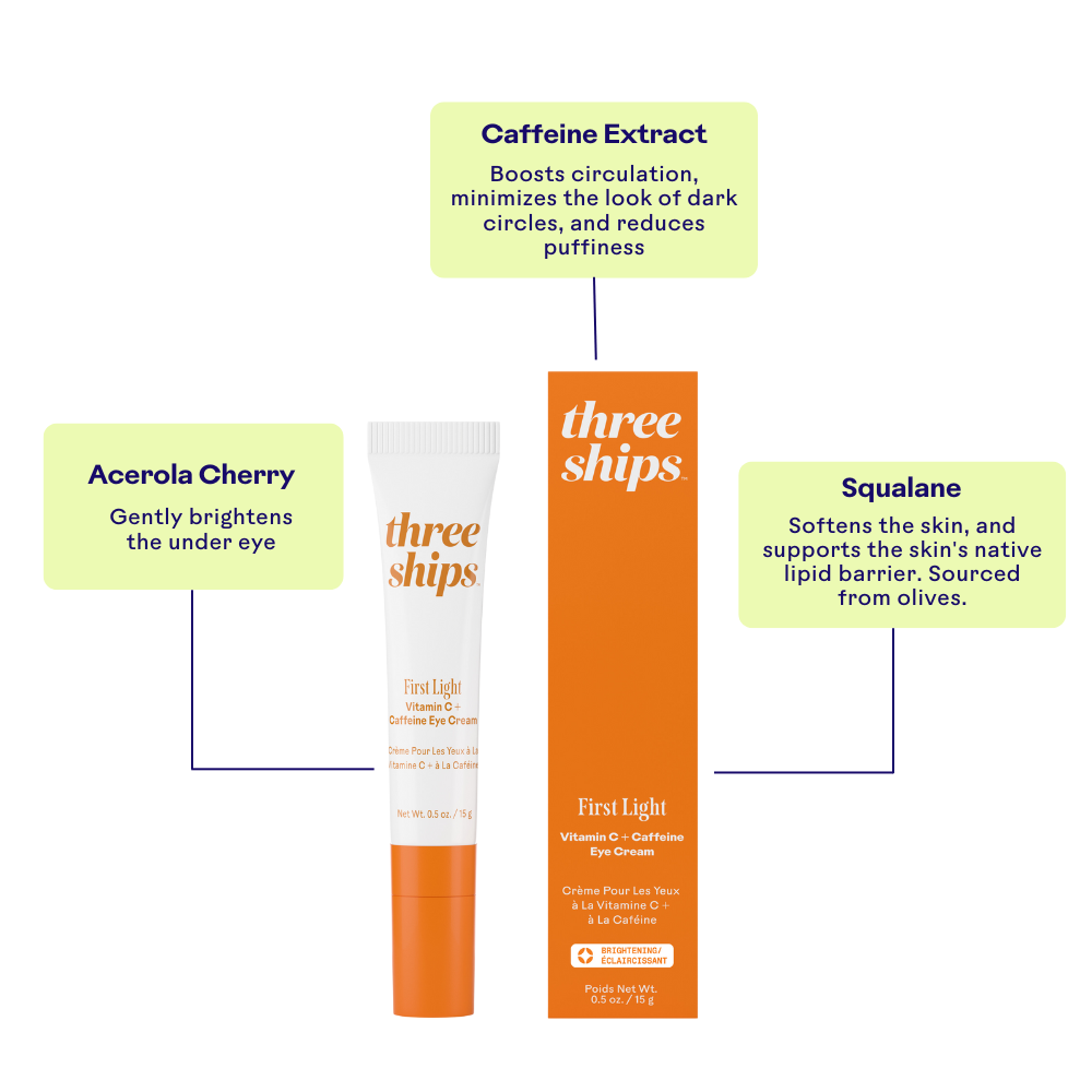 Three Ships First Light eye cream with packaging on a white background