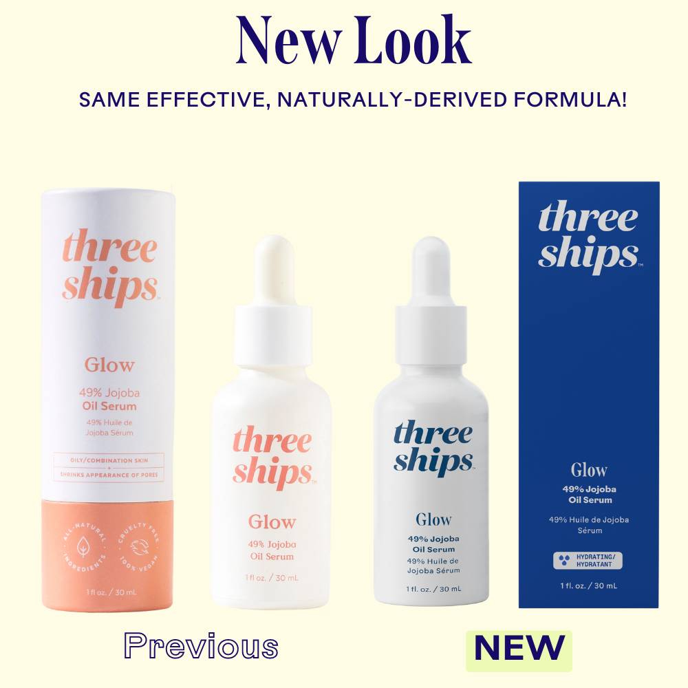 Comparison of 'three ships' skincare products with new and previous packaging on a white background.