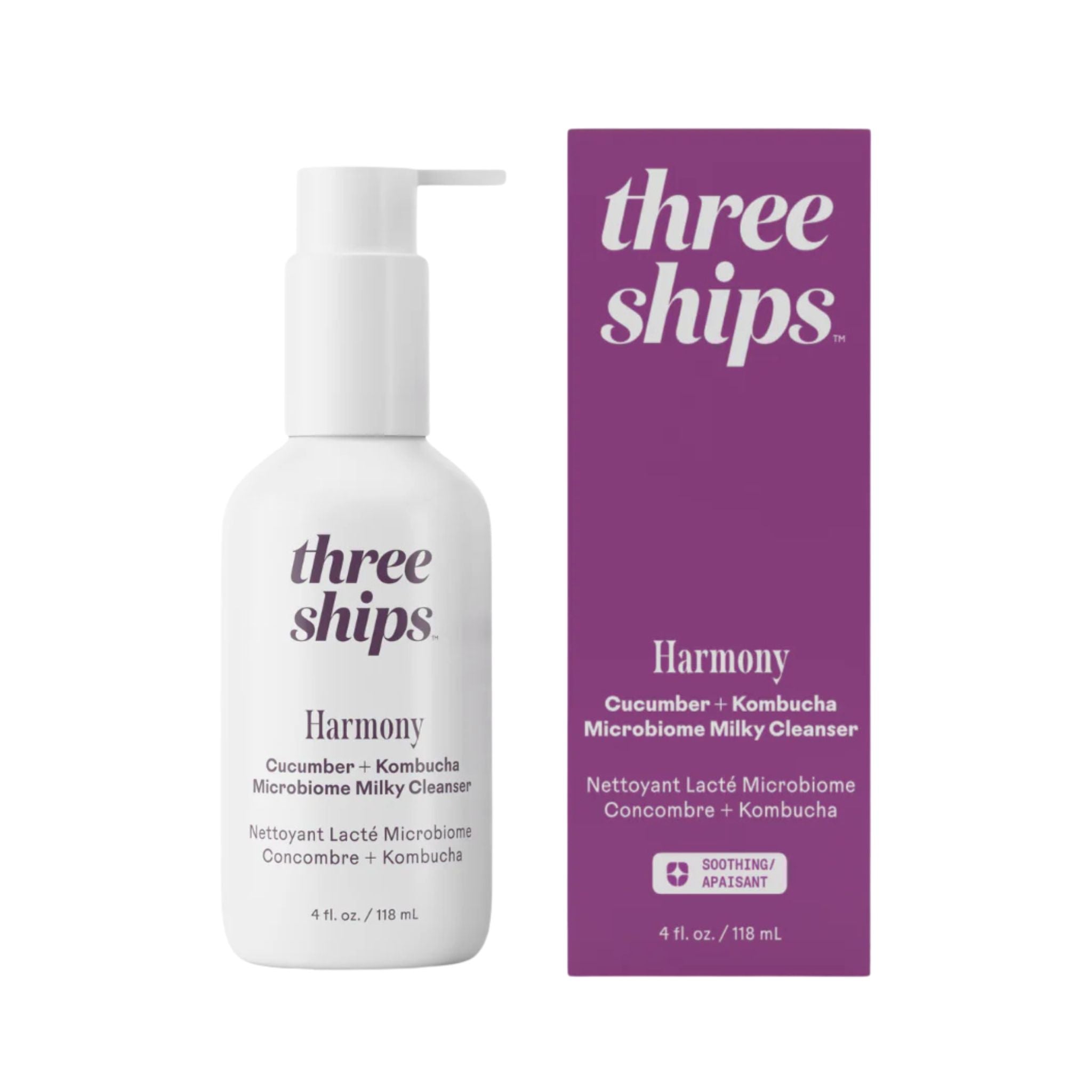 Three Ships Harmony skincare product with bottle and packaging on a white background