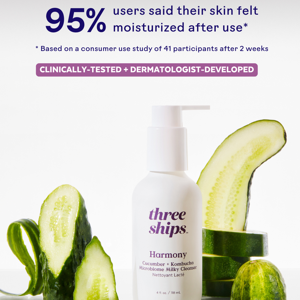 Three Ships Harmony cucumber and konjac cleanser bottle with sliced cucumbers on a white background