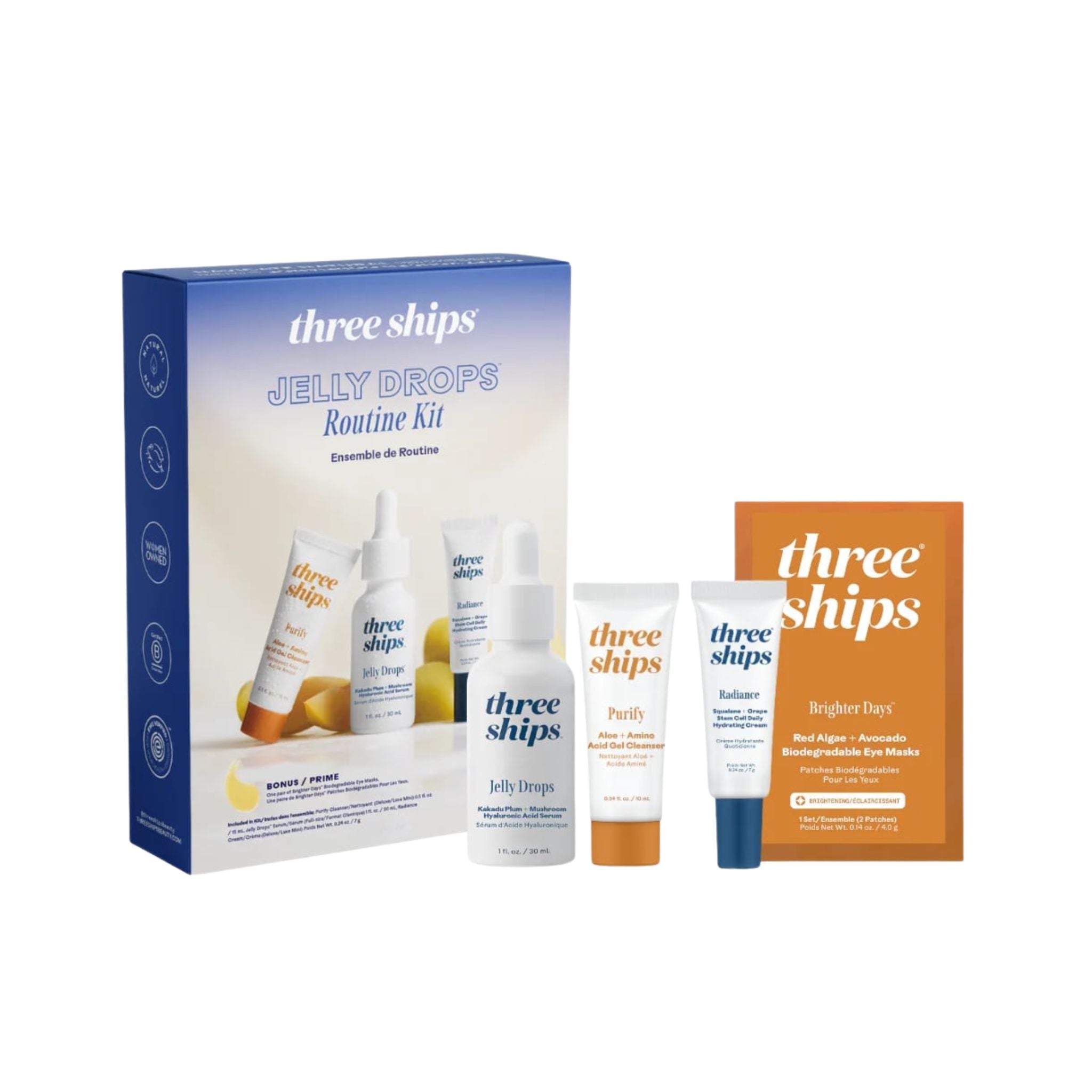 Three Ships skincare products including a box and bottles on a white background