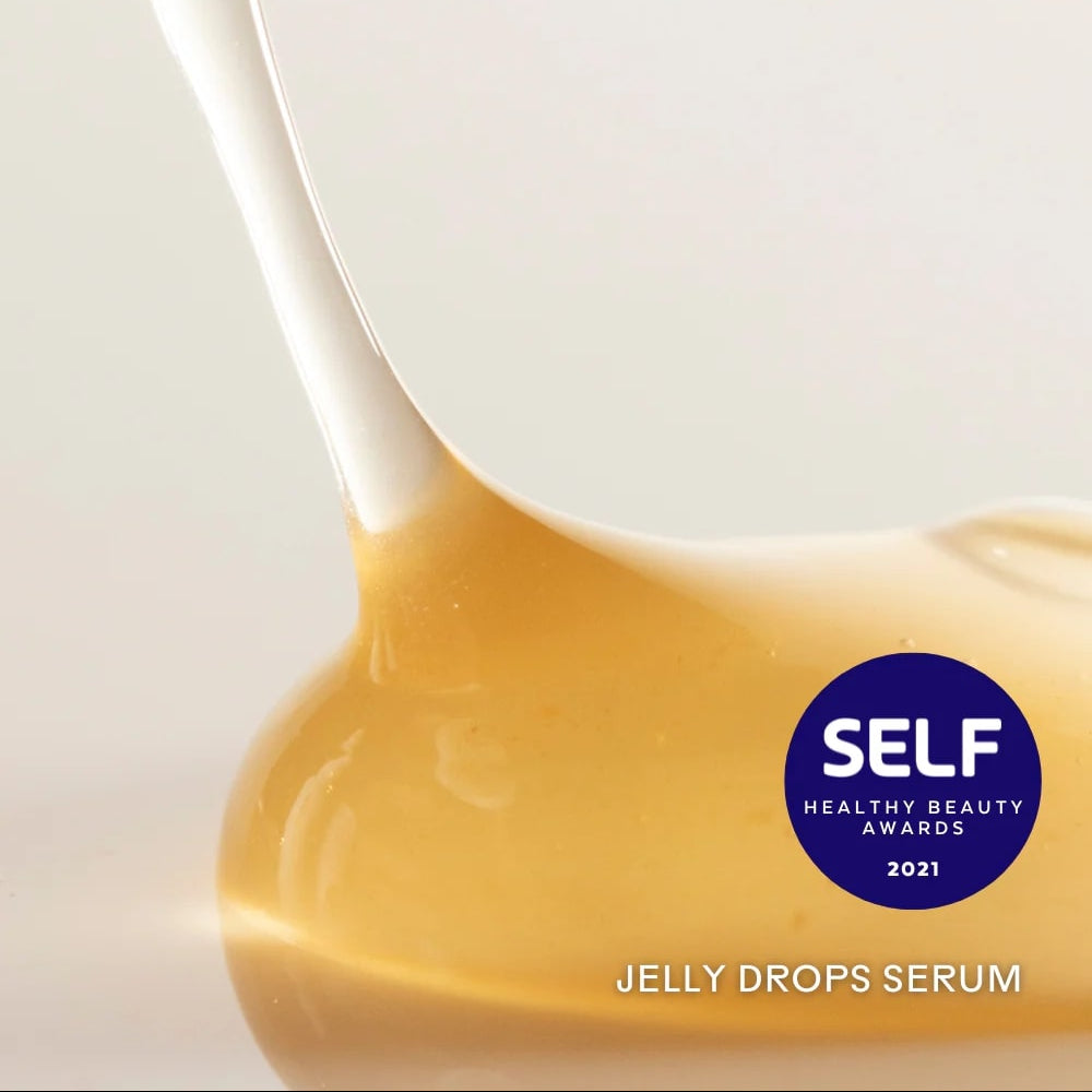 Jelly drops serum with a SELF Healthy Beauty Awards 2021 badge on a light background