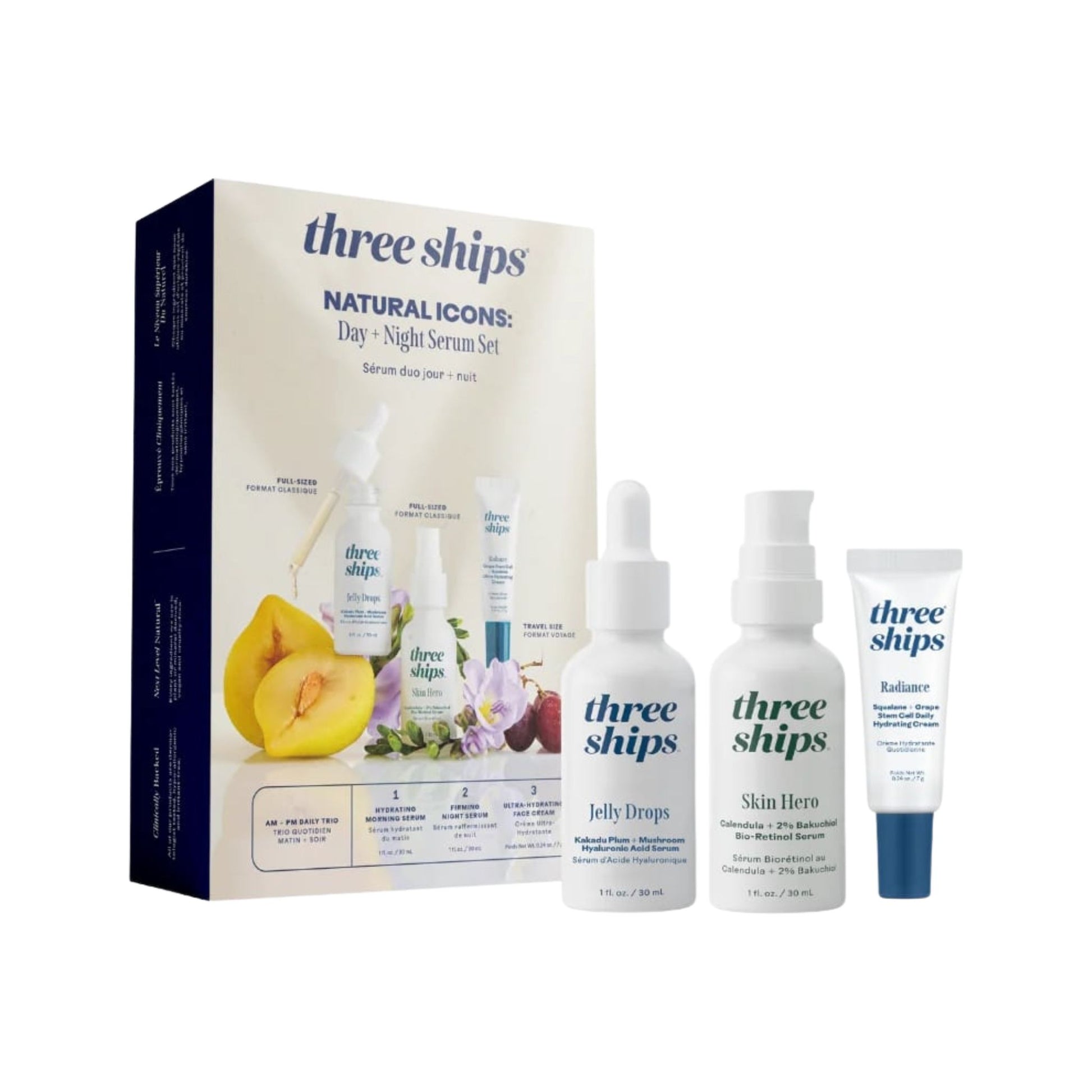 Three Ships skincare product set including a box, bottles, and a tube on a white background