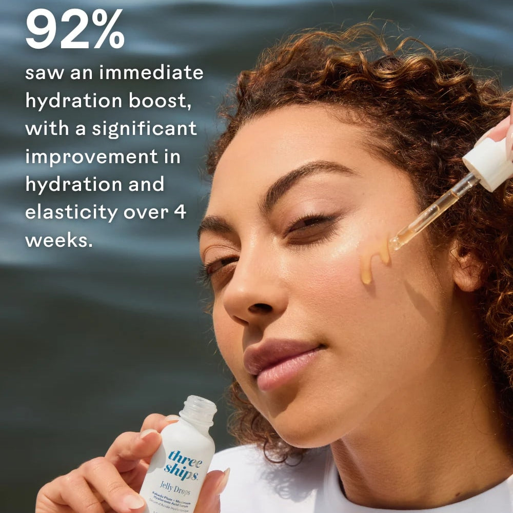 Woman applying skincare product with text about hydration boost and clinical testing.