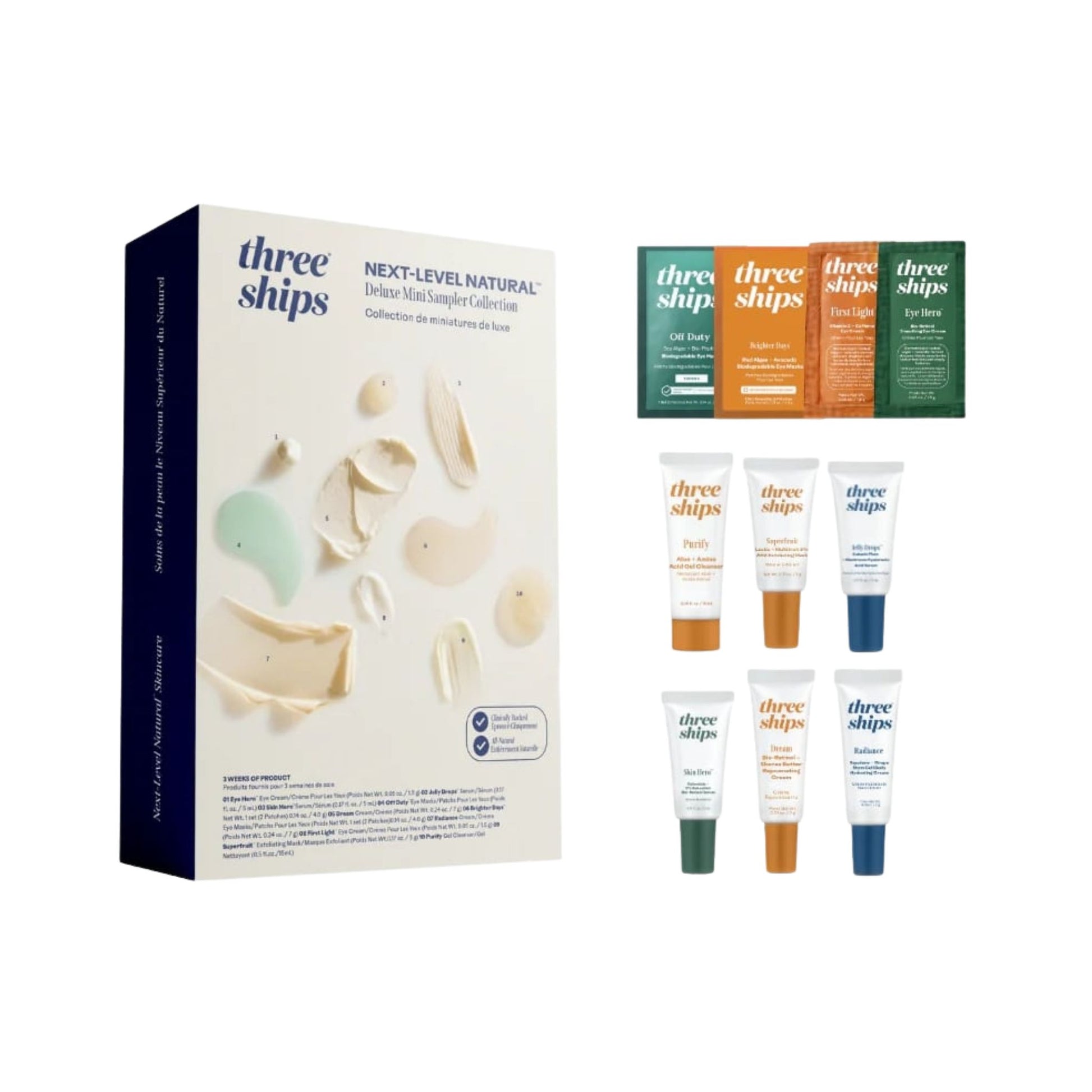 Three Ships skincare product set including a box and multiple bottles on a white background