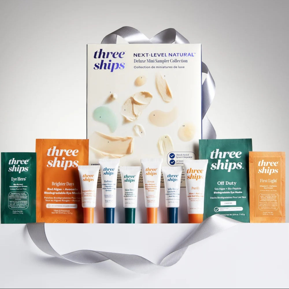 Three Ships skincare product set including a box and multiple bottles on a white background