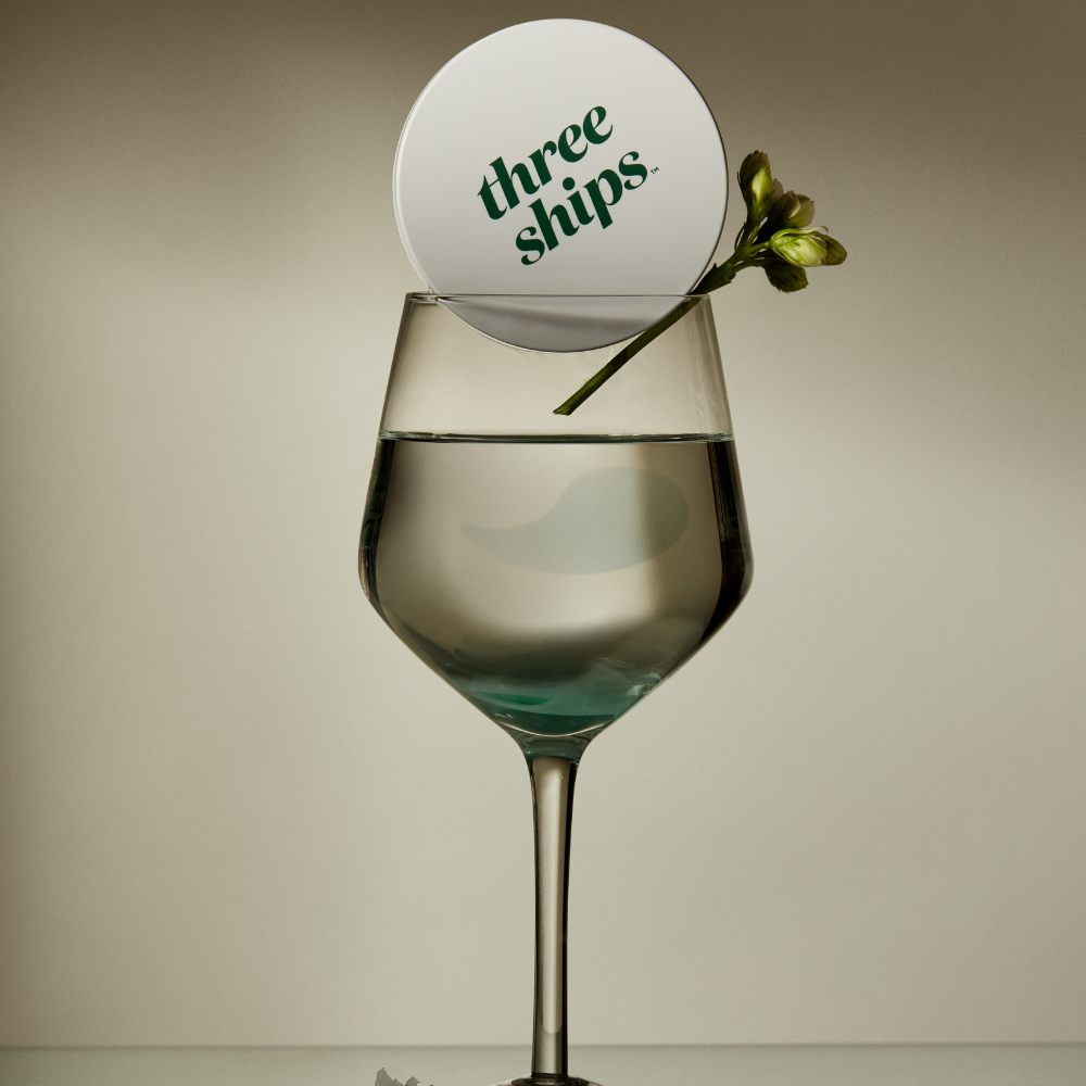 Wine glass with a decorative sphere labeled 'three ships' on a neutral background