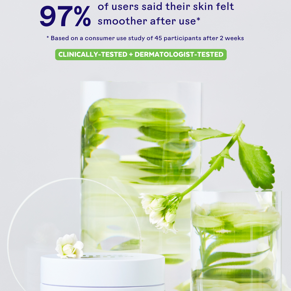 Skincare product with green leaves and flowers on a white background, featuring user feedback text.