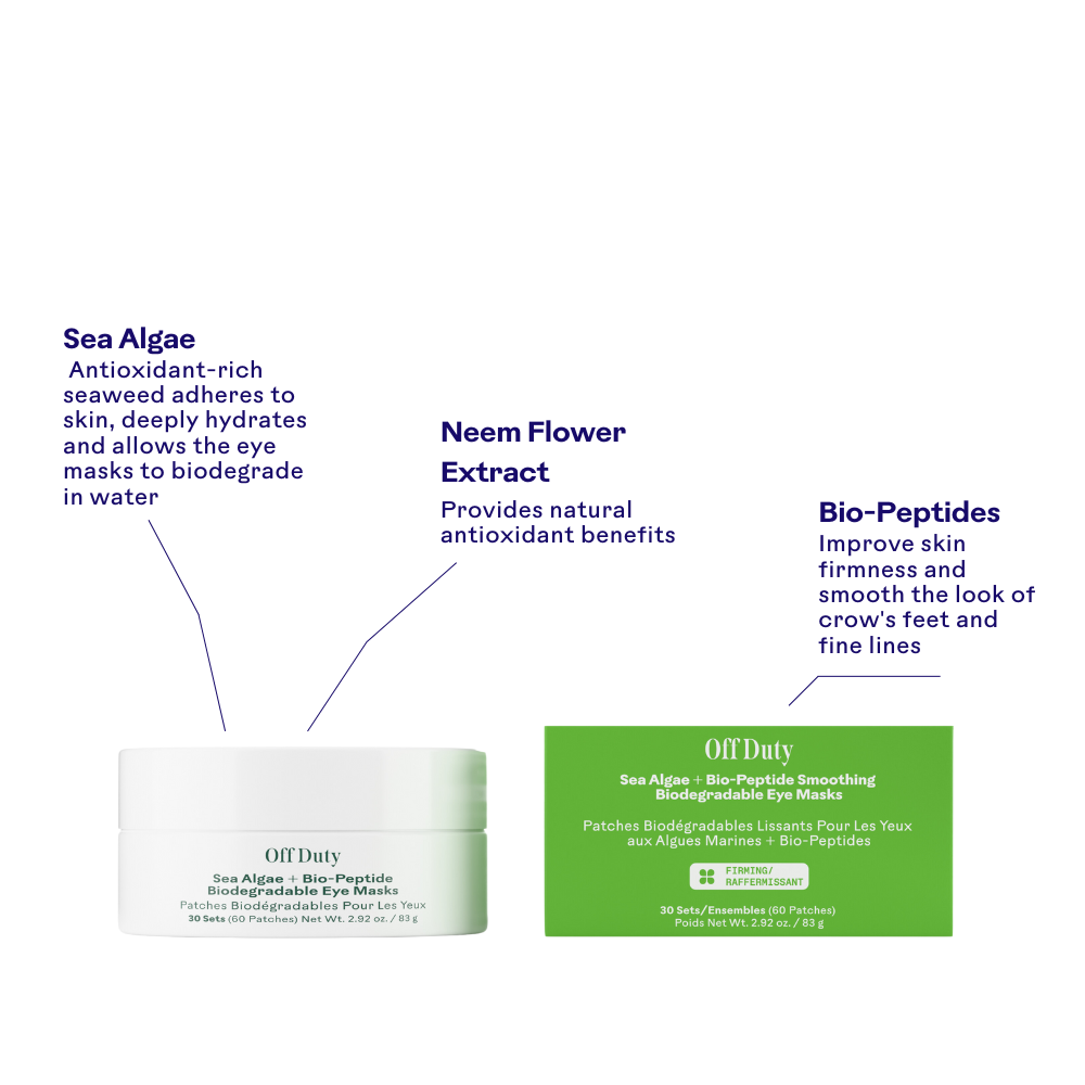 Eye mask packaging with text about Sea Algae, Neem Flower Extract, and Bio-Peptides on a white background.