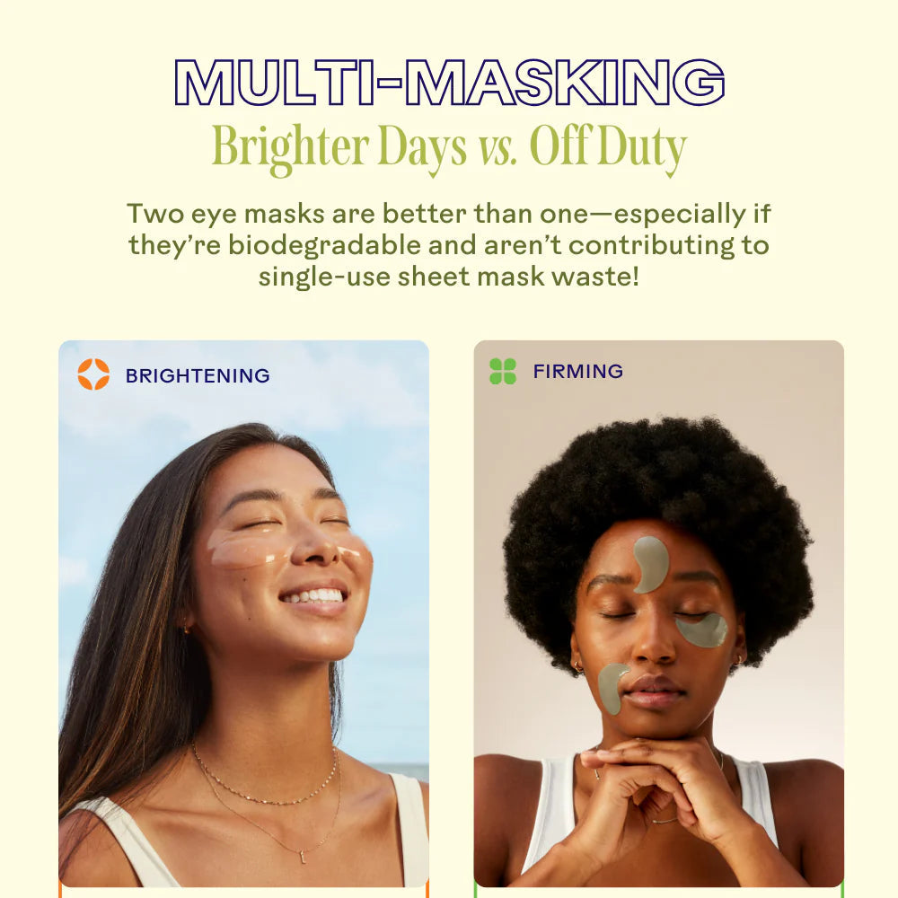 Two eye masks for 'Brighter Days' and 'Off Duty' with images of women wearing them and text describing their benefits.