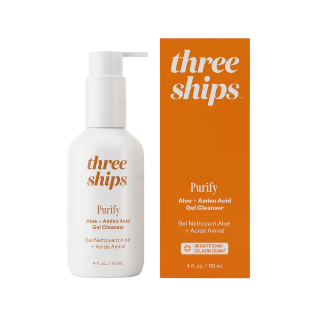 Three Ships Purify Aloe + Amino Acid Gel Cleanser bottle and packaging on a white background