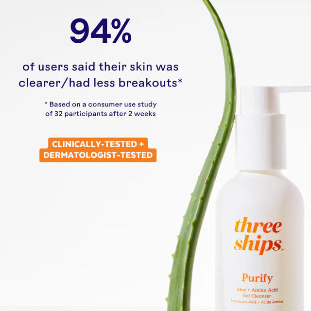 Three Ships Purify skincare product with aloe vera leaf on a light background