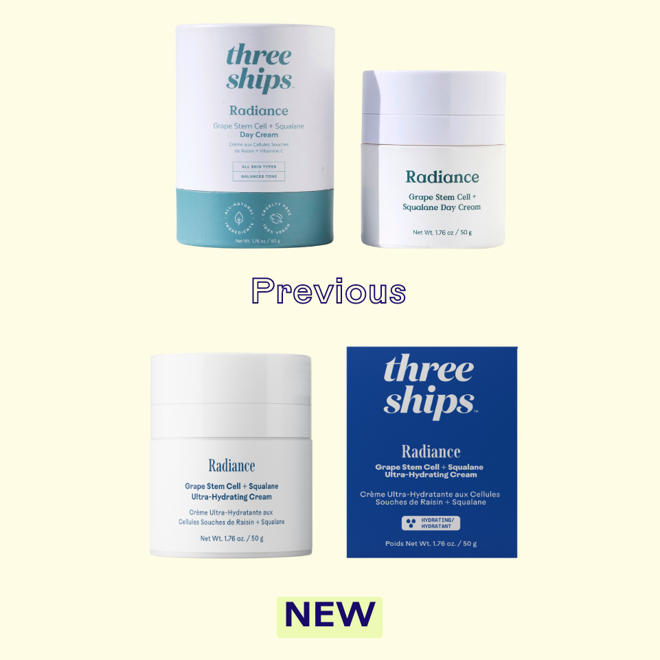 Comparison of 'three ships' Radiance skincare products with new and previous packaging on a white background.