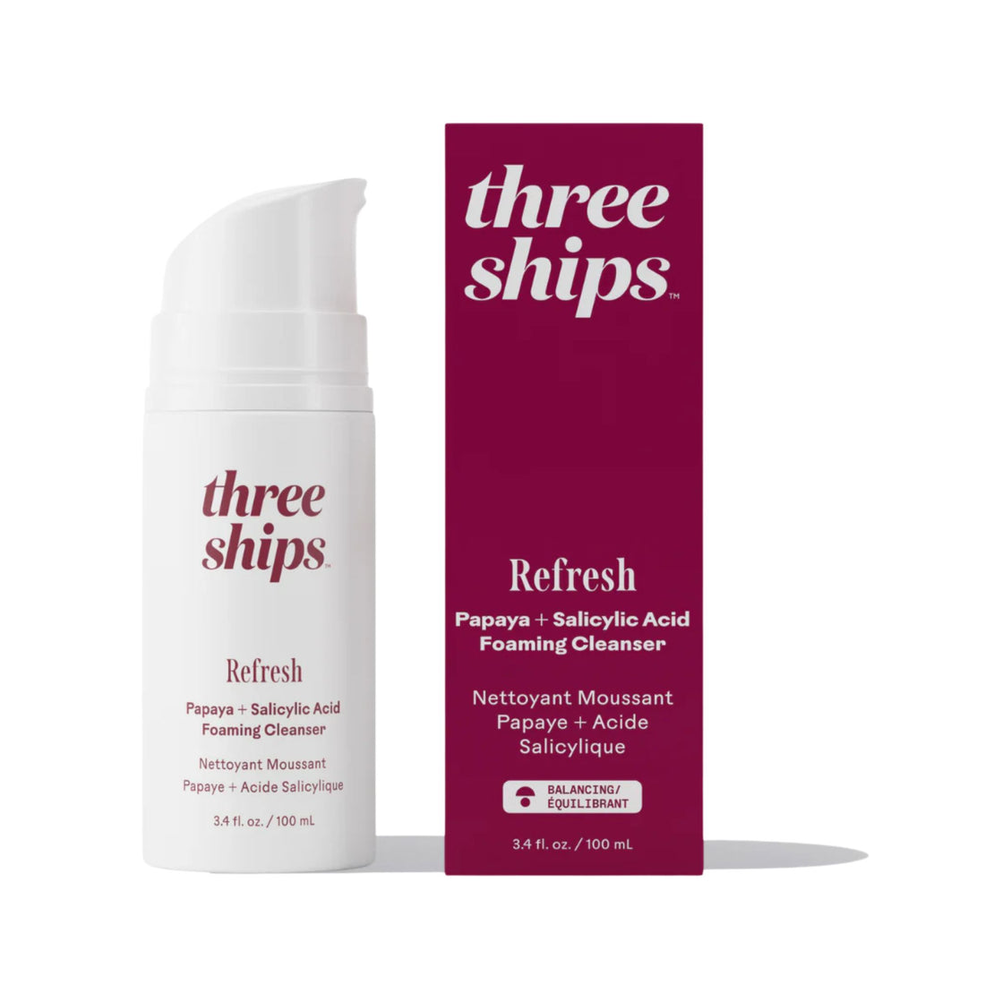 Three Ships Refresh Papaya + Salicylic Acid Foaming Cleanser with packaging on a white background