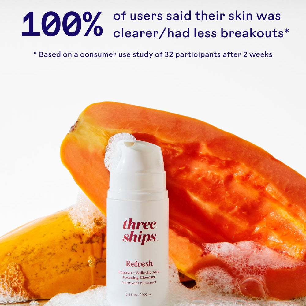 Three Ships skincare product with a papaya slice on a white background