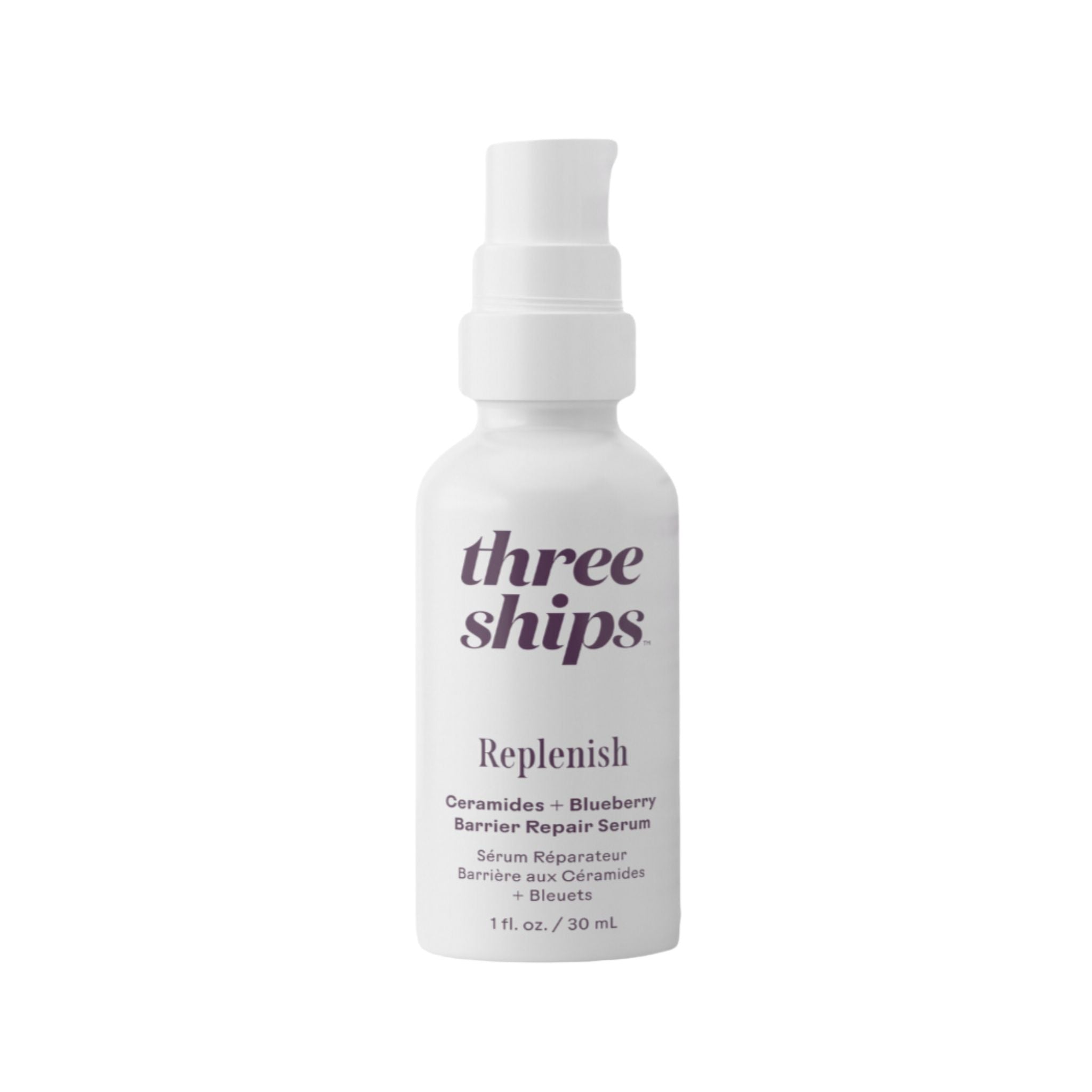 Skincare serum bottle labeled 'three ships' on a white background