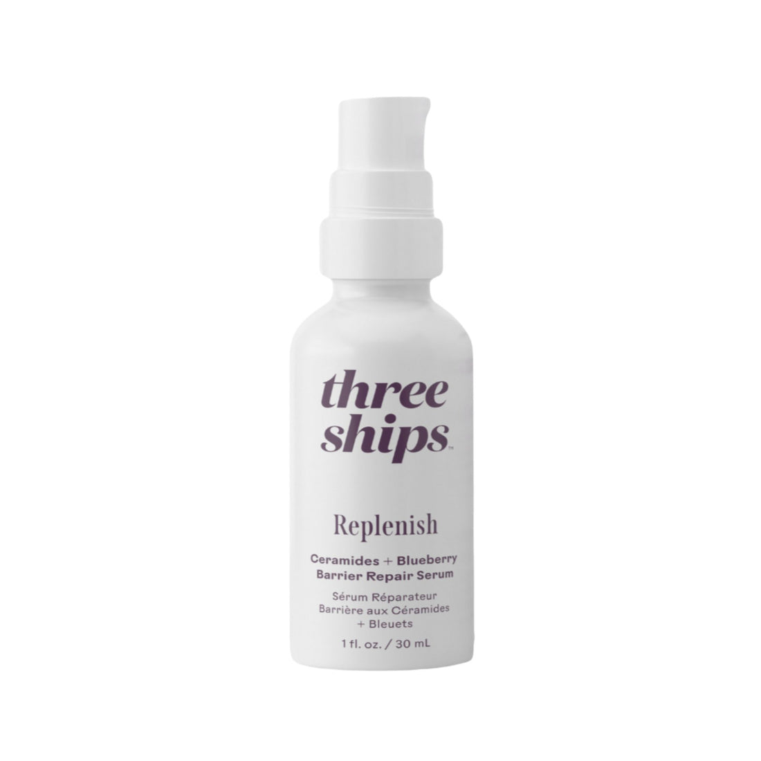 Skincare serum bottle labeled 'three ships' on a white background