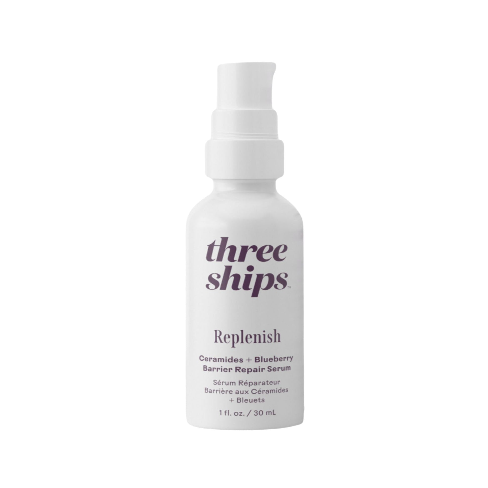 Skincare serum bottle labeled 'three ships' on a white background