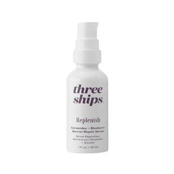 Skincare serum bottle labeled 'three ships' on a white background