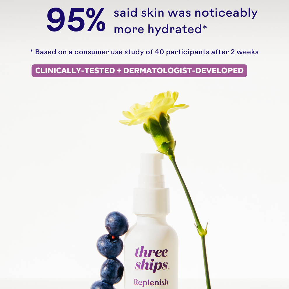 Three Ships replenish serum bottle with blueberries and a flower on a white background