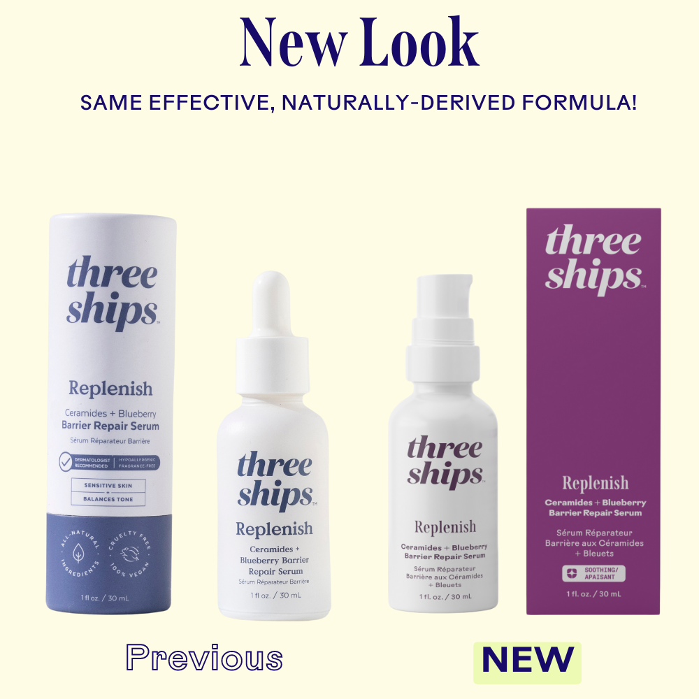 Three Ships skincare products with a pump top on a light purple background