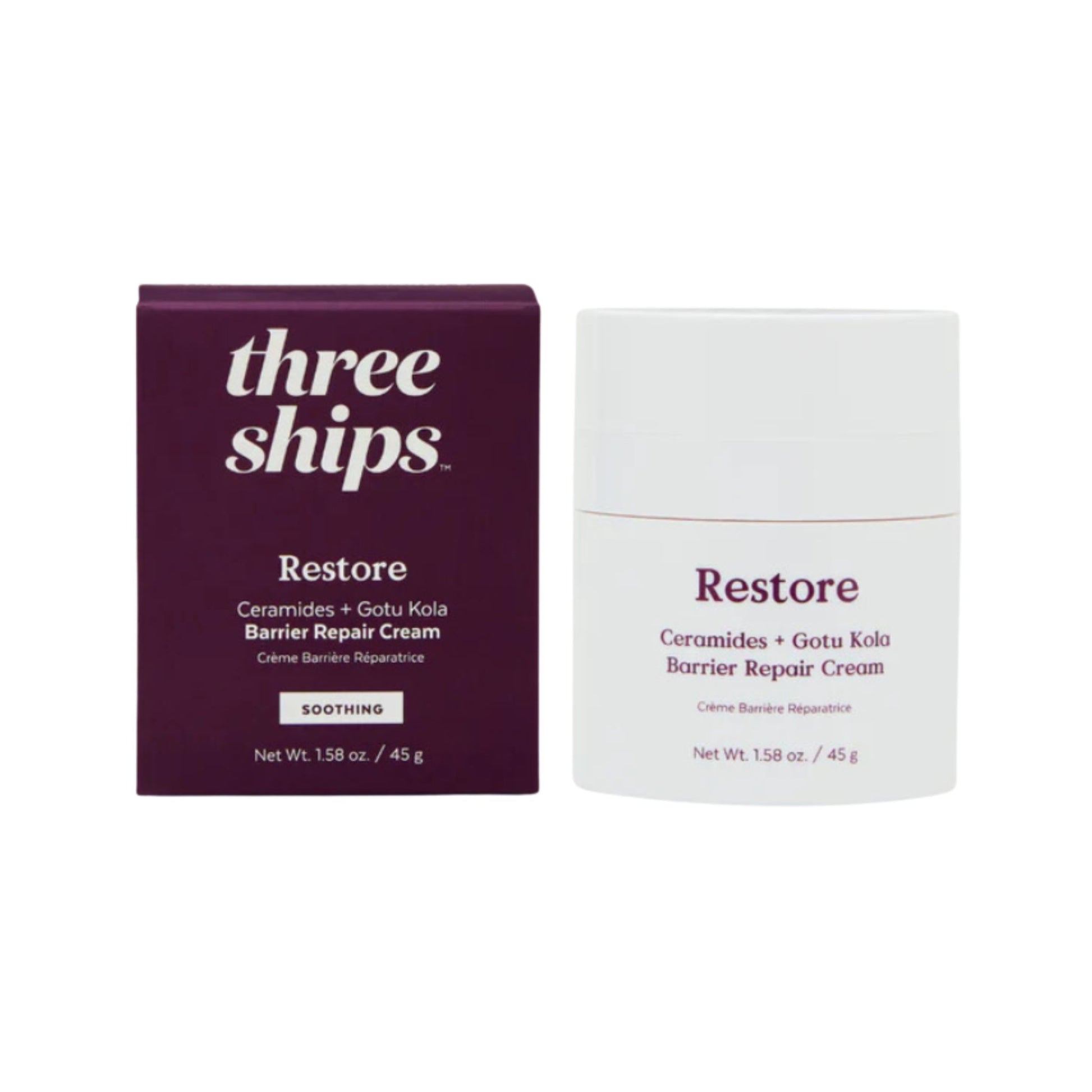 Three Ships Restore Barrier Repair Cream packaging on a white background