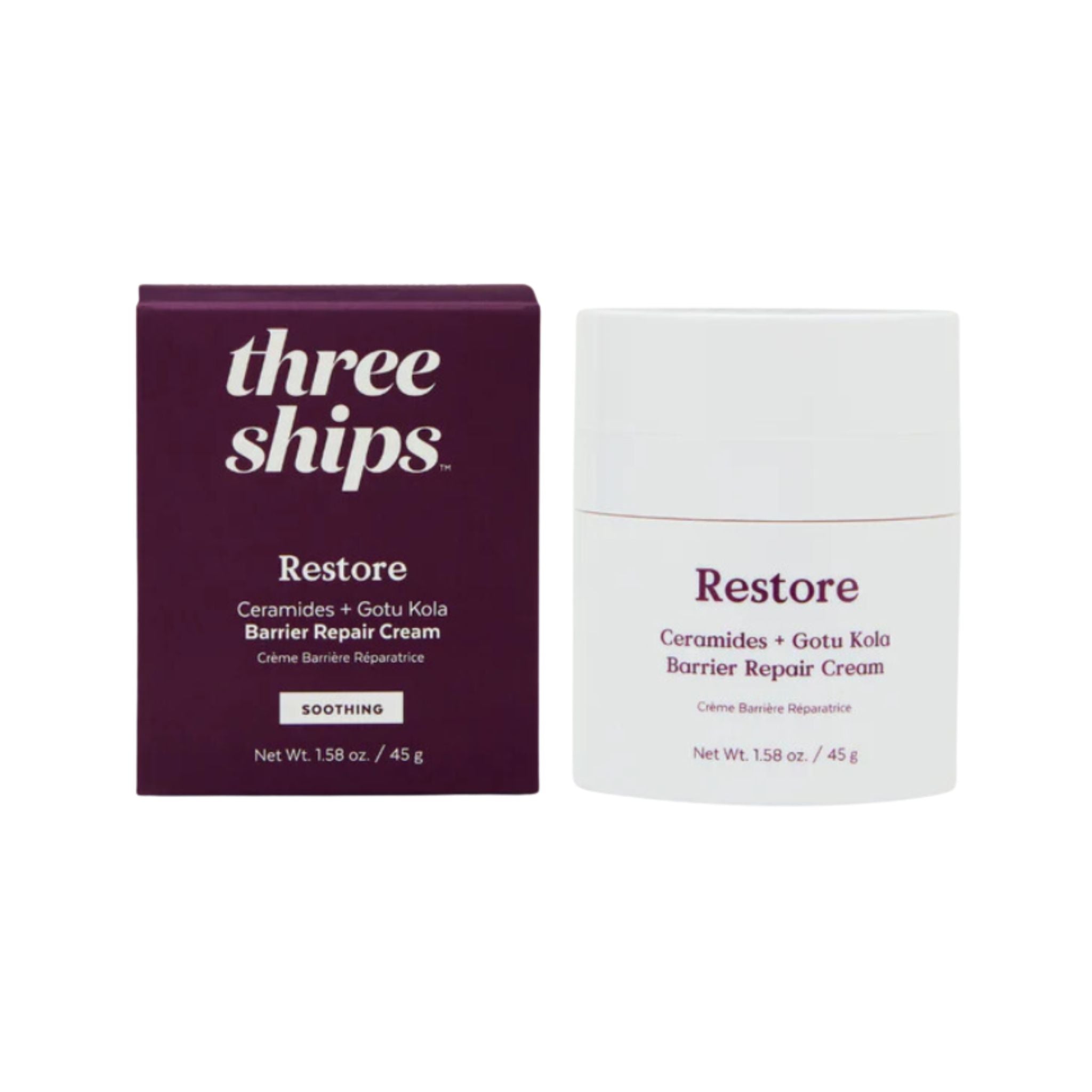 Three Ships Restore Barrier Repair Cream packaging on a white background