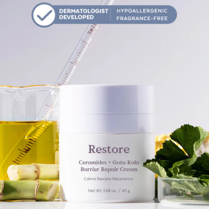 Barrier repair cream with natural ingredients on a light background