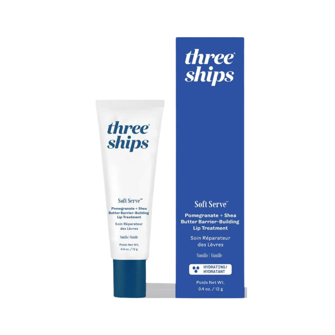 Three Ships Soft Serve lip treatment tube and packaging on a white background