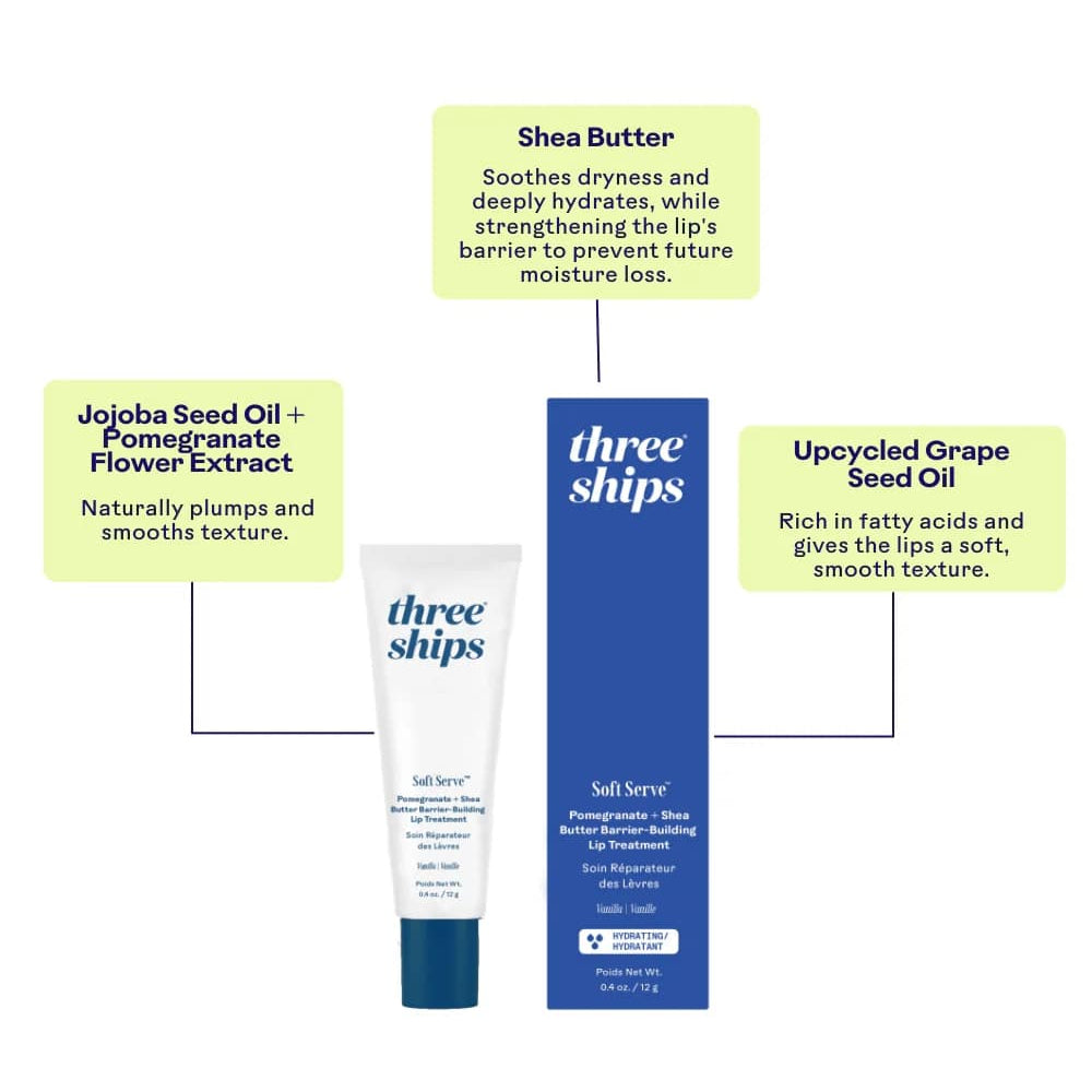 Three Ships lip balm tube and packaging with product benefits on a white background
