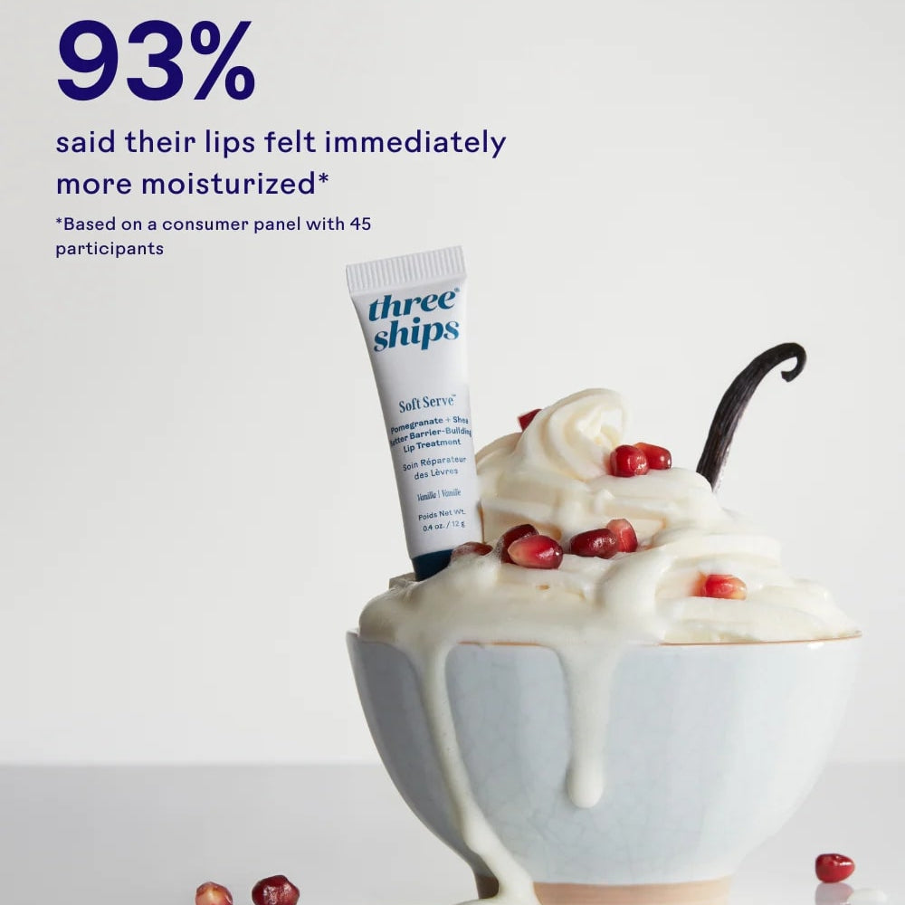 Three Ships lip balm tube with a dessert on a white background, featuring consumer panel results.
