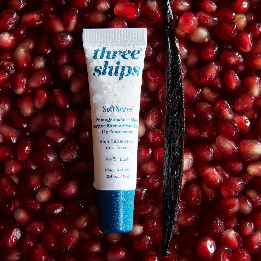 Three Ships lip balm tube with a vanilla bean on pomegranate seeds