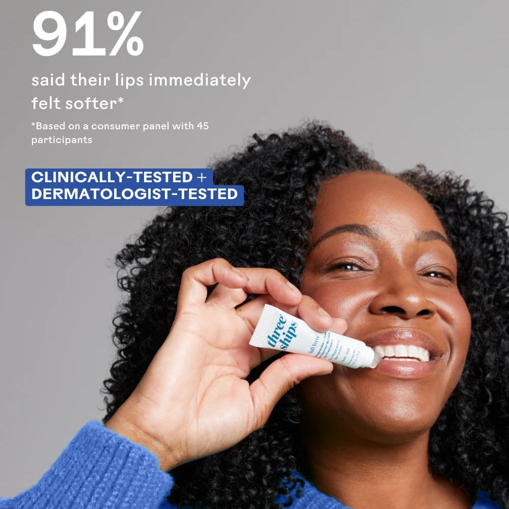Woman applying lip balm with text about clinical testing and customer satisfaction.
