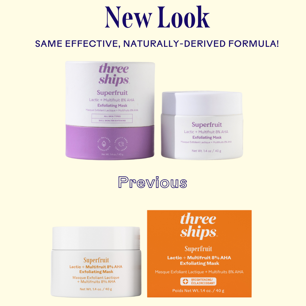 Two containers of 'three ships' Superfruit skincare products with text indicating a new look and formula.