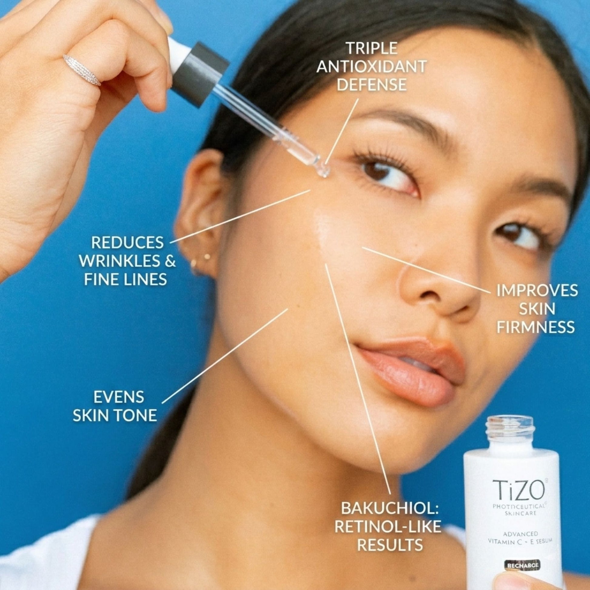 Woman applying skincare product with text highlighting benefits on a blue background