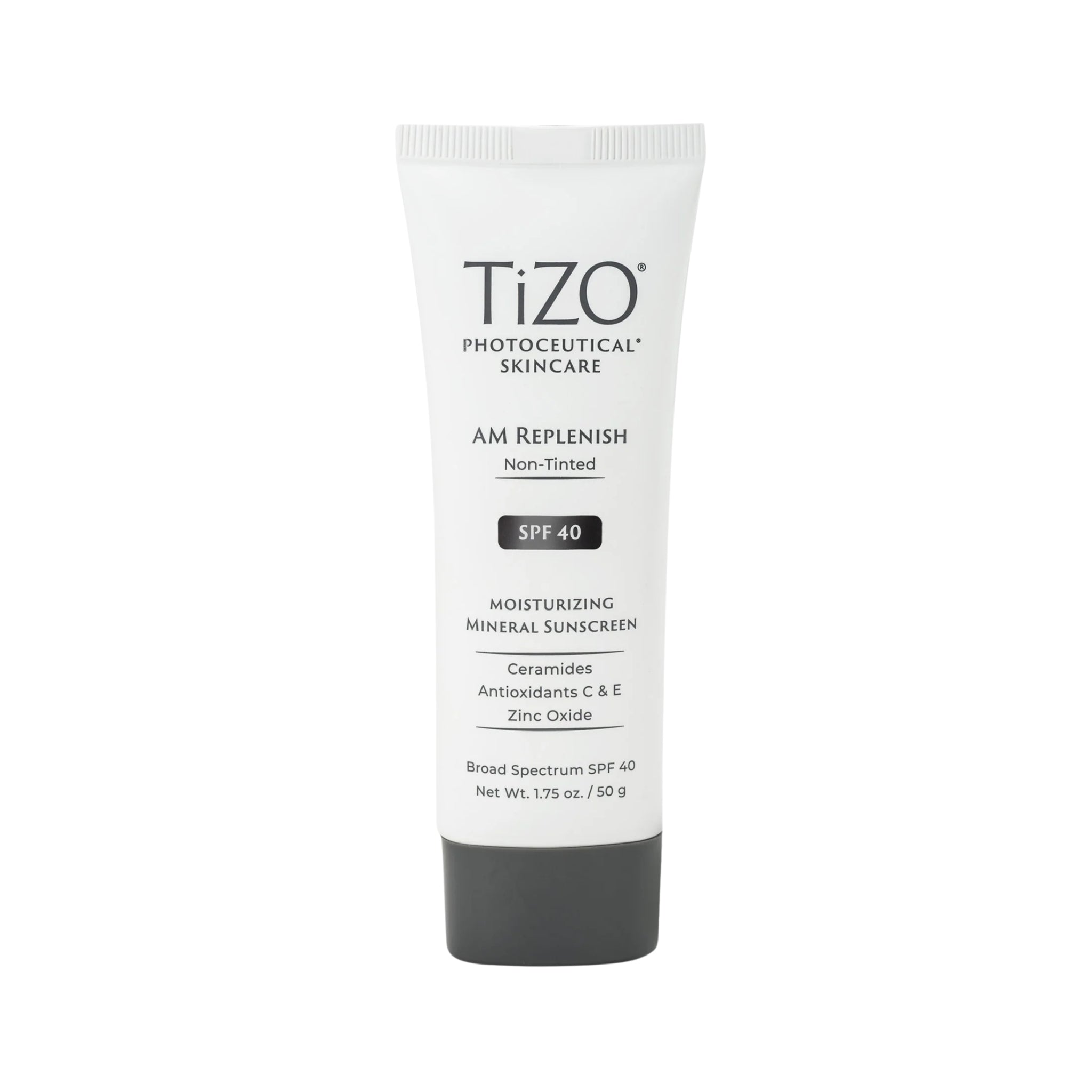 TiZO AM Replenish Non-Tinted SPF 40 Mineral Sunscreen – moisturizing mineral sunscreen with ceramides, antioxidants, and zinc oxide for daily protection.