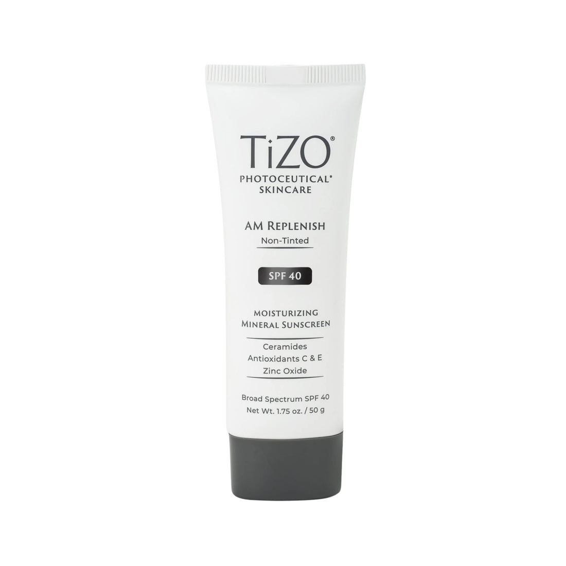 TiZO AM Replenish Non-Tinted SPF 40 Mineral Sunscreen – moisturizing mineral sunscreen with ceramides, antioxidants, and zinc oxide for daily protection.
